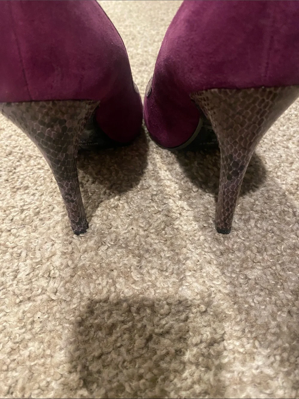 Nine West Purple Suede Peep-Toe Pumps with Snakeskin Accent and Gold Buckle